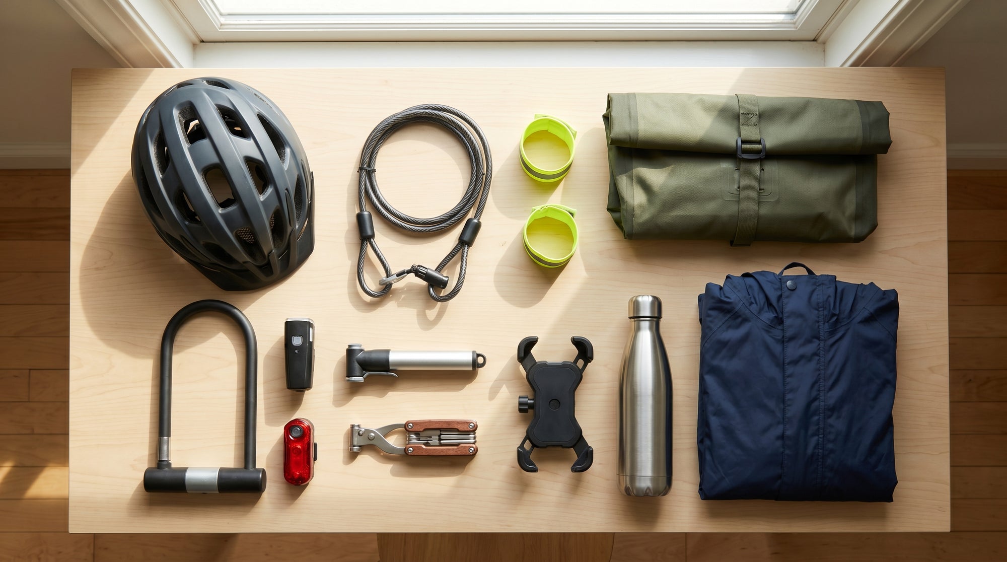 Flat lay of e-bike commuting accessories including a helmet, U-lock, cable lock, lights, pump, multitool, phone mount, water bottle, pannier, and rain jacket on a wooden table
