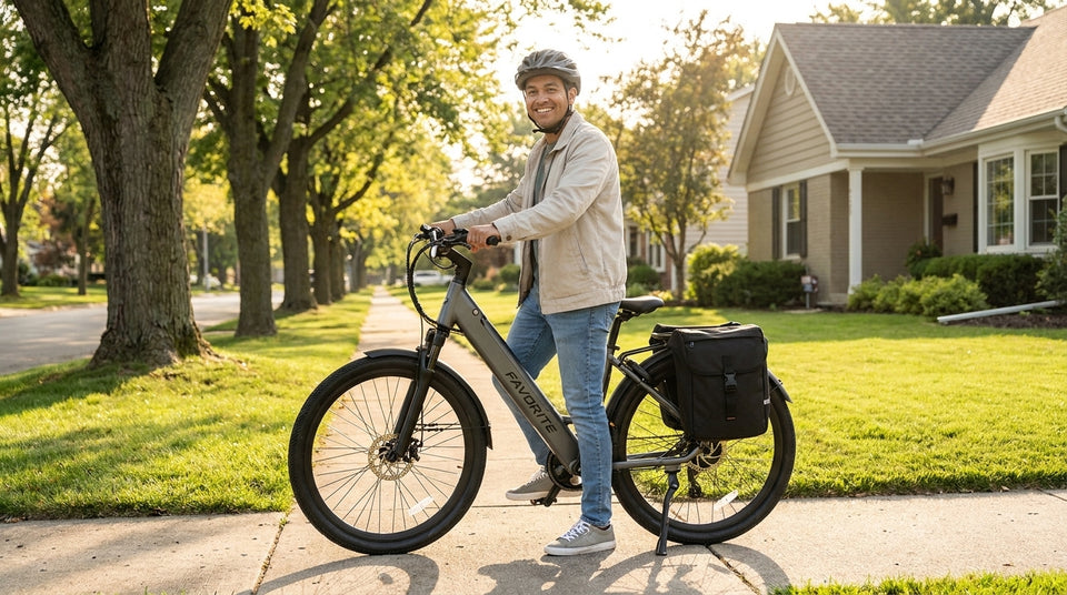 A smiling beginner rider in a helmet and casual commuter clothes stands next to a FavoriteBikes step-through electric commuter bike on a sunny tree-lined suburban street