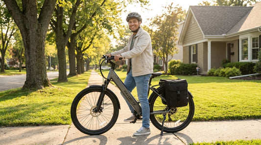 A smiling beginner rider in a helmet and casual commuter clothes stands next to a FavoriteBikes step-through electric commuter bike on a sunny tree-lined suburban street