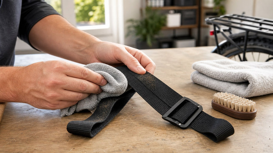 Black bicycle cargo strap being gently cleaned with a microfiber cloth