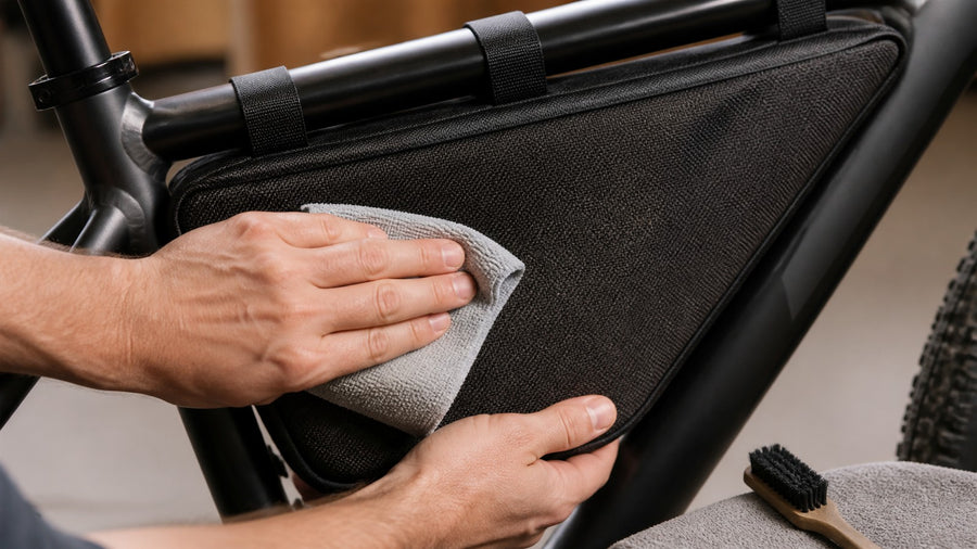 Hands gently wiping a black triangular e-bike frame bag with a gray microfiber cloth