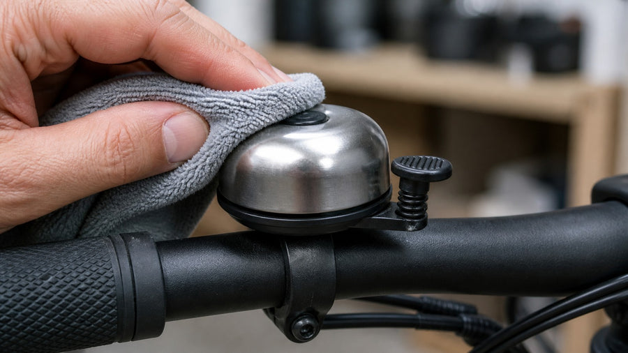 Hand wiping everyday grime from a metal e-bike bell with a microfiber cloth