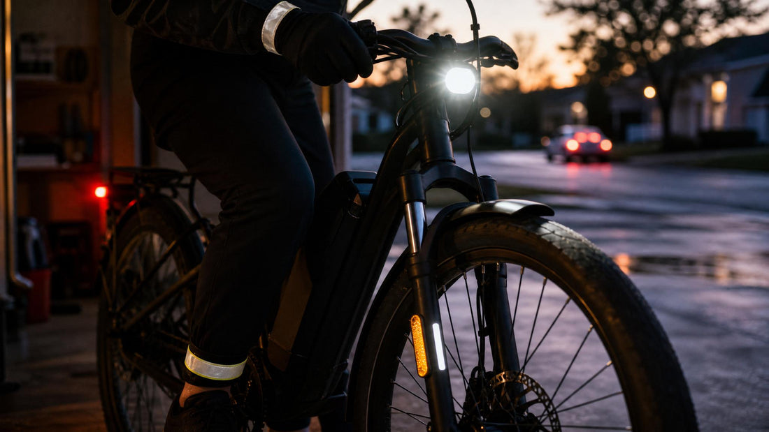 E-bike front light, reflectors, and reflective rider gear visible during a stationary pre-ride commute setup at dusk.