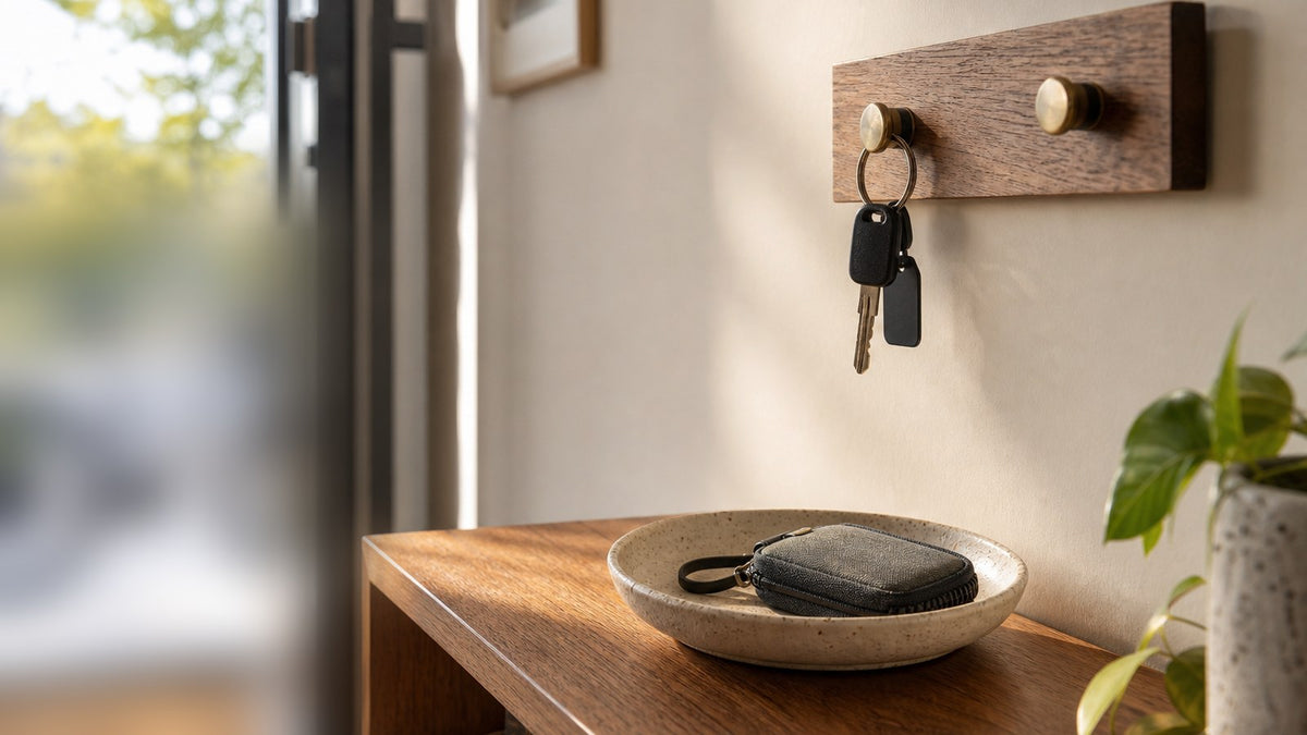 E-bike keys organized on an entryway hook above a small catchall pouch