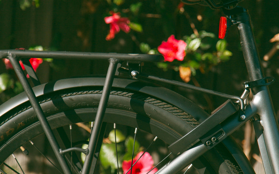 Close view of an e-bike rear rack, wheel and frame against flowering plants.