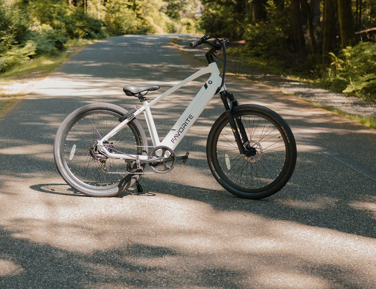 White FAVORITE bicycle parked on a sunlit paved road surrounded by green woodland.