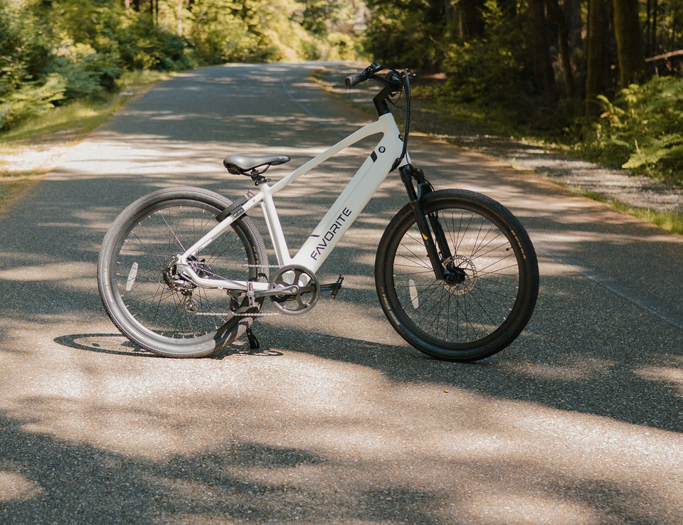 White FAVORITE bicycle parked on a sunlit paved road surrounded by green woodland.