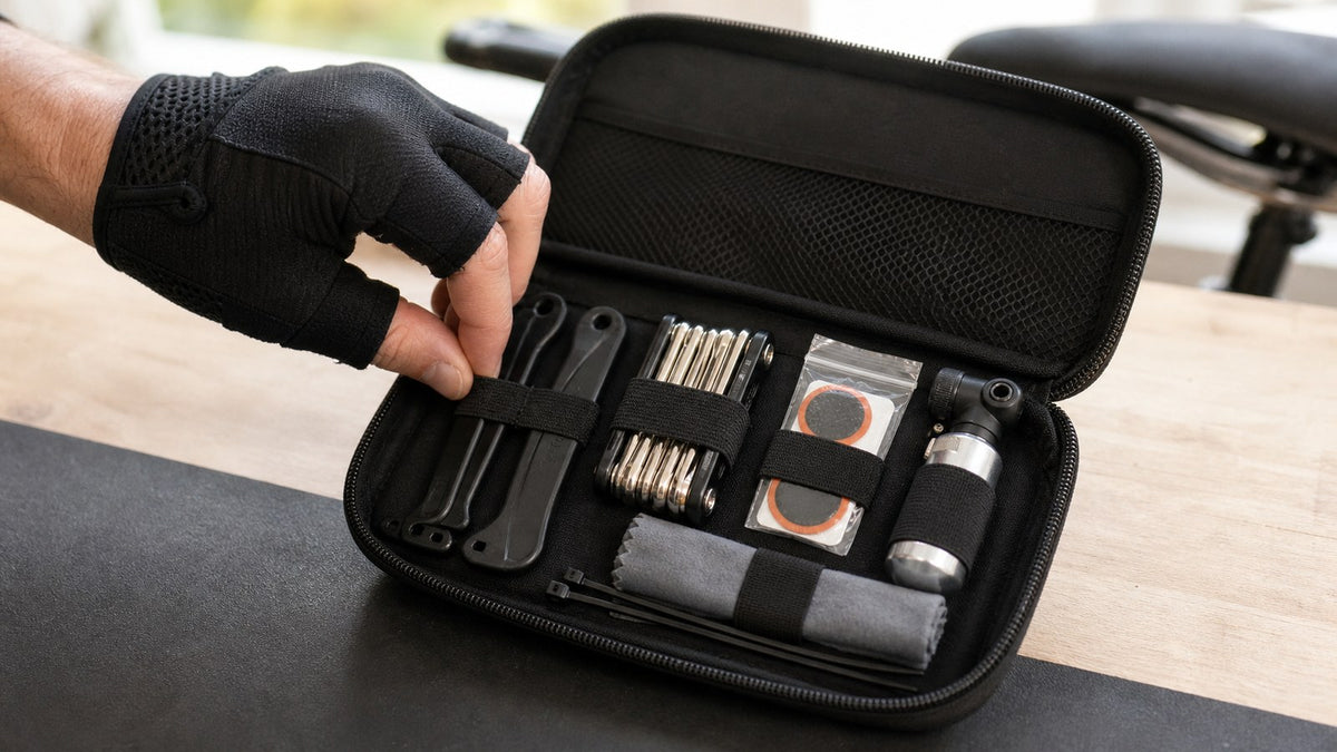 Gloved hand arranging a compact bicycle tool pouch with tire levers, a multitool, patch kit, inflator, zip ties, and cloth
