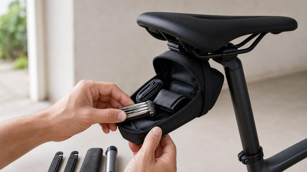 Hands packing a compact repair kit into an under-saddle bicycle bag
