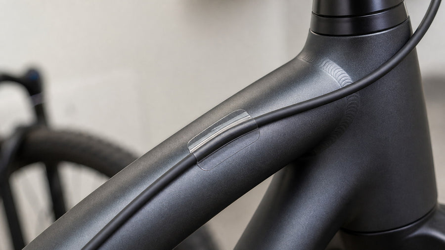 Clear frame protection patch beneath an e-bike cable housing contact point