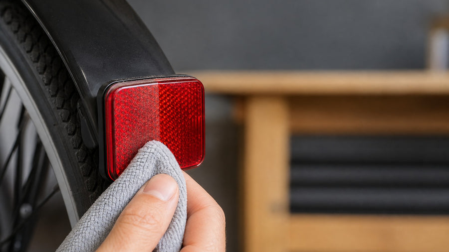 A red bicycle rear reflector being gently wiped with a clean microfiber cloth