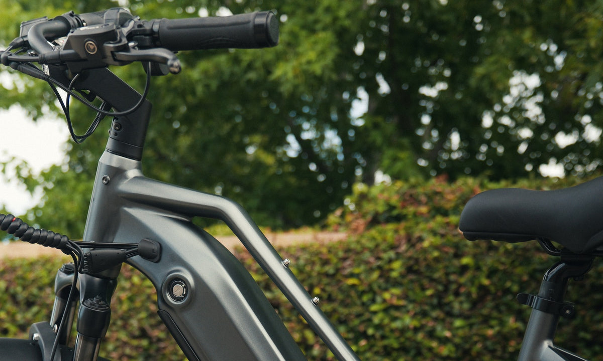 Close view of a gray bicycle beside a green hedge.