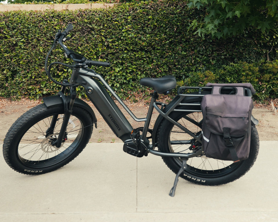 Gray STORMX bicycle parked beside a leafy hedge, with its front tire, rim and spokes visible.