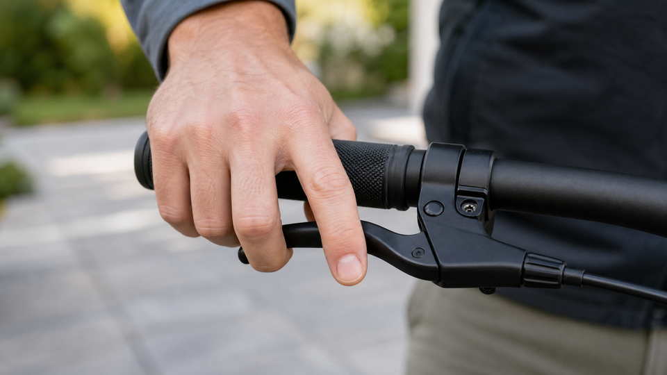 Rider checking e-bike brake lever reach on a handlebar grip