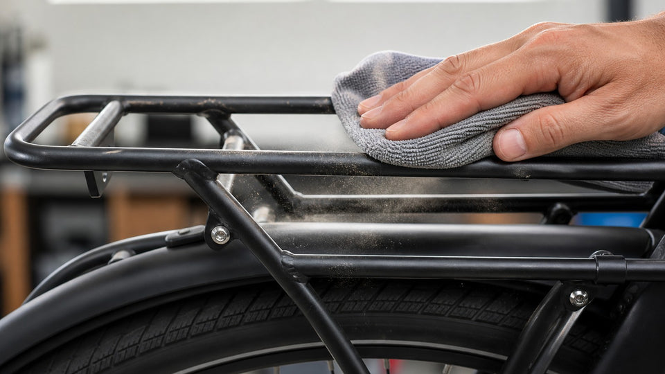A hand wipes a black e-bike rear cargo rack with a gray microfiber cloth.