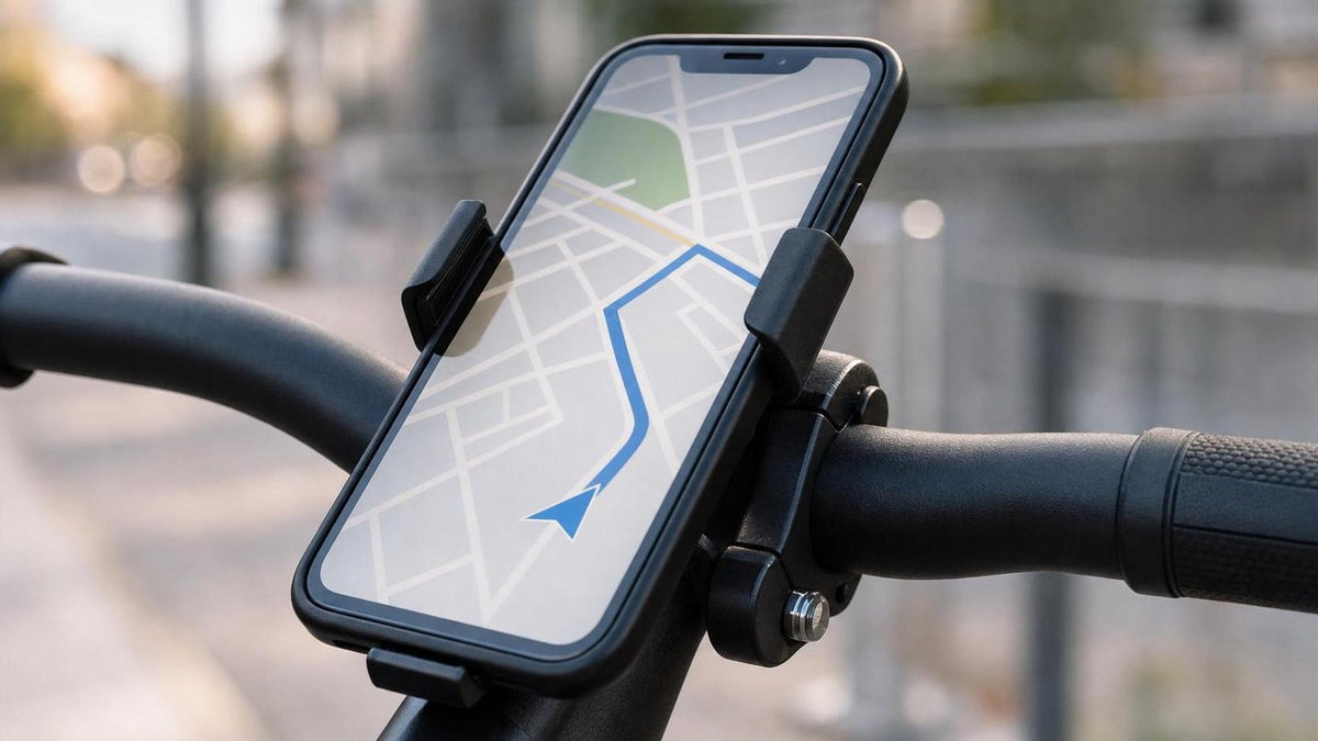 Smartphone secured in a handlebar phone mount showing a navigation map, close-up detail