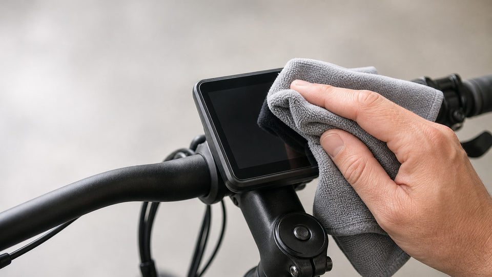 A powered-off e-bike display being wiped with a gray microfiber cloth