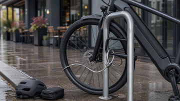 E-bike frame and front wheel secured to a public rack with a U-lock and cable on wet pavement.