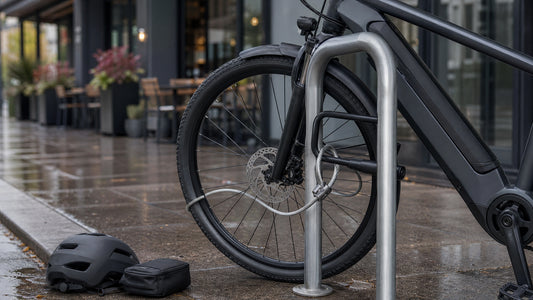 E-bike frame and front wheel secured to a public rack with a U-lock and cable on wet pavement.