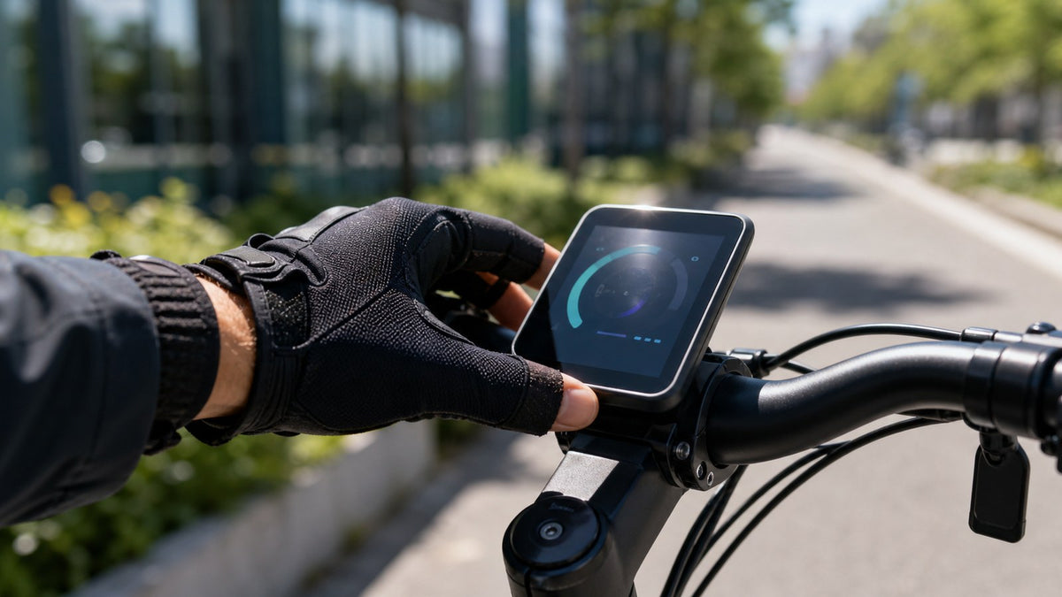 Gloved rider adjusting an e-bike handlebar display in bright sunlight to reduce screen glare