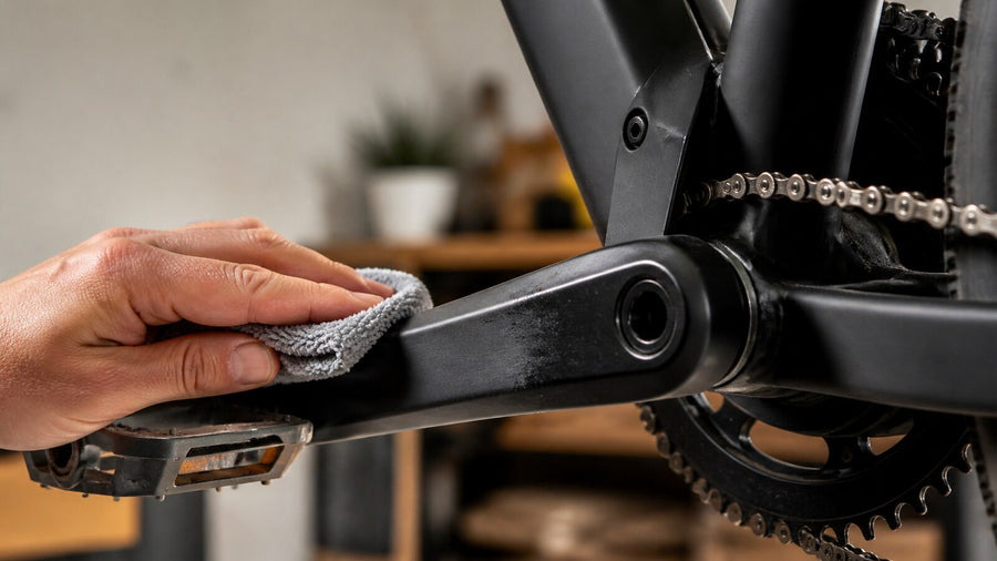 A hand wipes everyday grime from a black e-bike crank arm with a gray microfiber cloth.