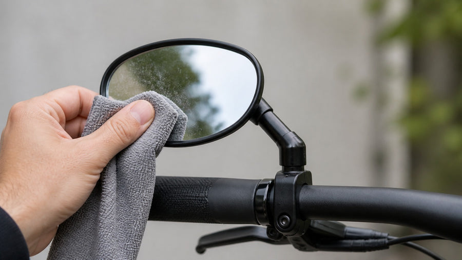 Hand wiping an e-bike rear-view mirror with a microfiber cloth