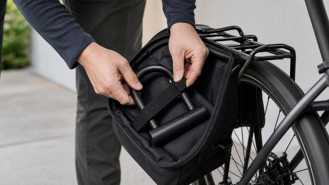 Hands securing a U-lock inside a rear-rack pannier for transport on an e-bike