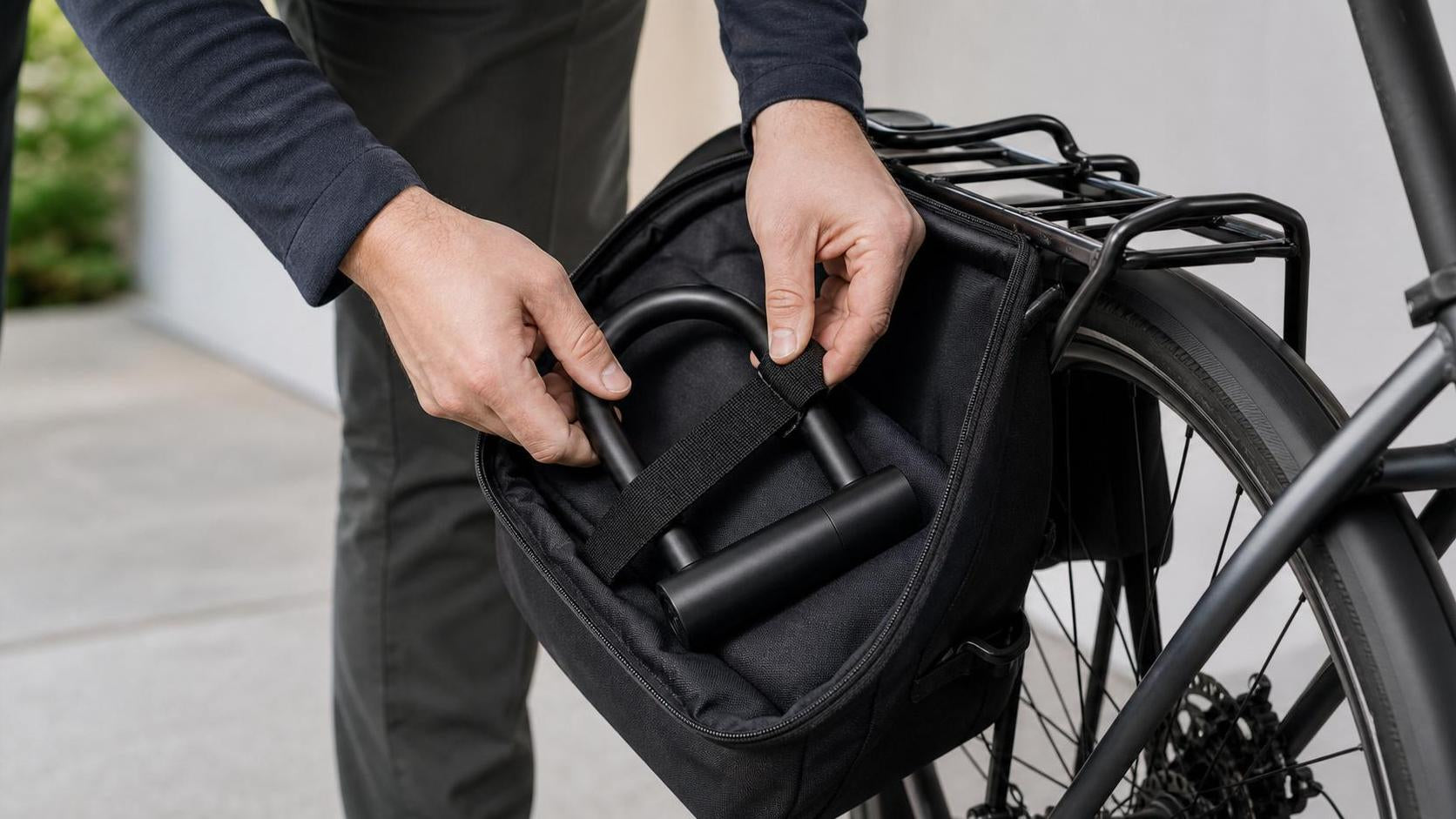 Hands securing a U-lock inside a rear-rack pannier for transport on an e-bike