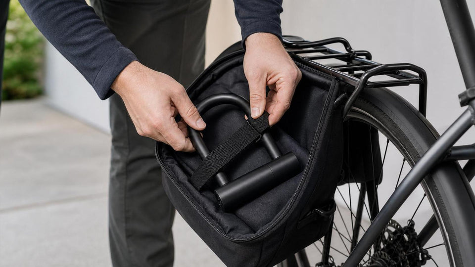 Hands securing a U-lock inside a rear-rack pannier for transport on an e-bike