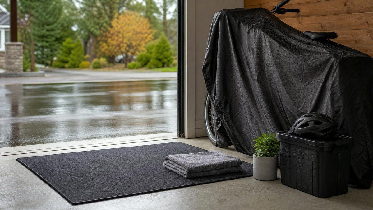 Covered e-bike storage setup with drying mat, folded towels, waterproof pouch, and wet pavement after rain.