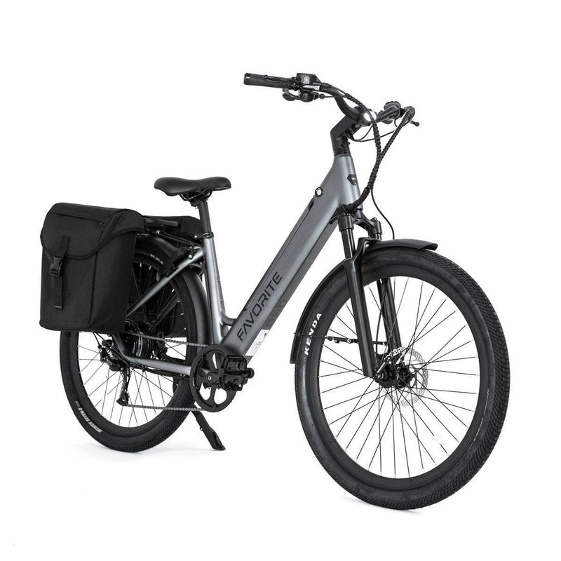 FavoriteBikes Hybrid CSC Step-Through Ebike in metallic grey with rear rack, pannier bag, and fenders