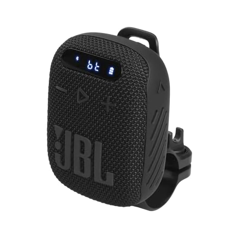 Black JBL Wind 3 Bluetooth speaker with handlebar mount.