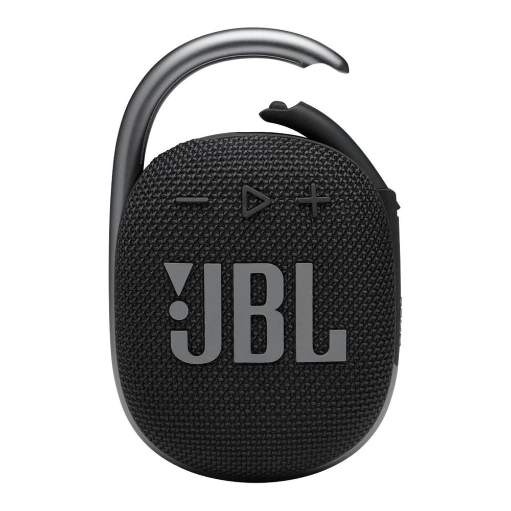 Black JBL Clip 4 portable Bluetooth speaker with integrated carabiner.