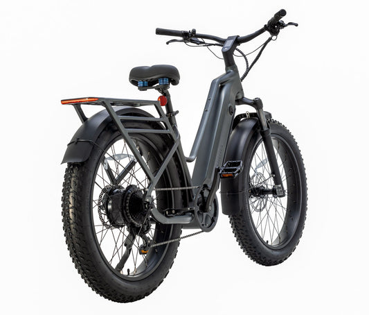 Rear view of certified refurbished FavoriteBikes StormX fat tire e-bike showing rear rack, wide tires, and utility setup.