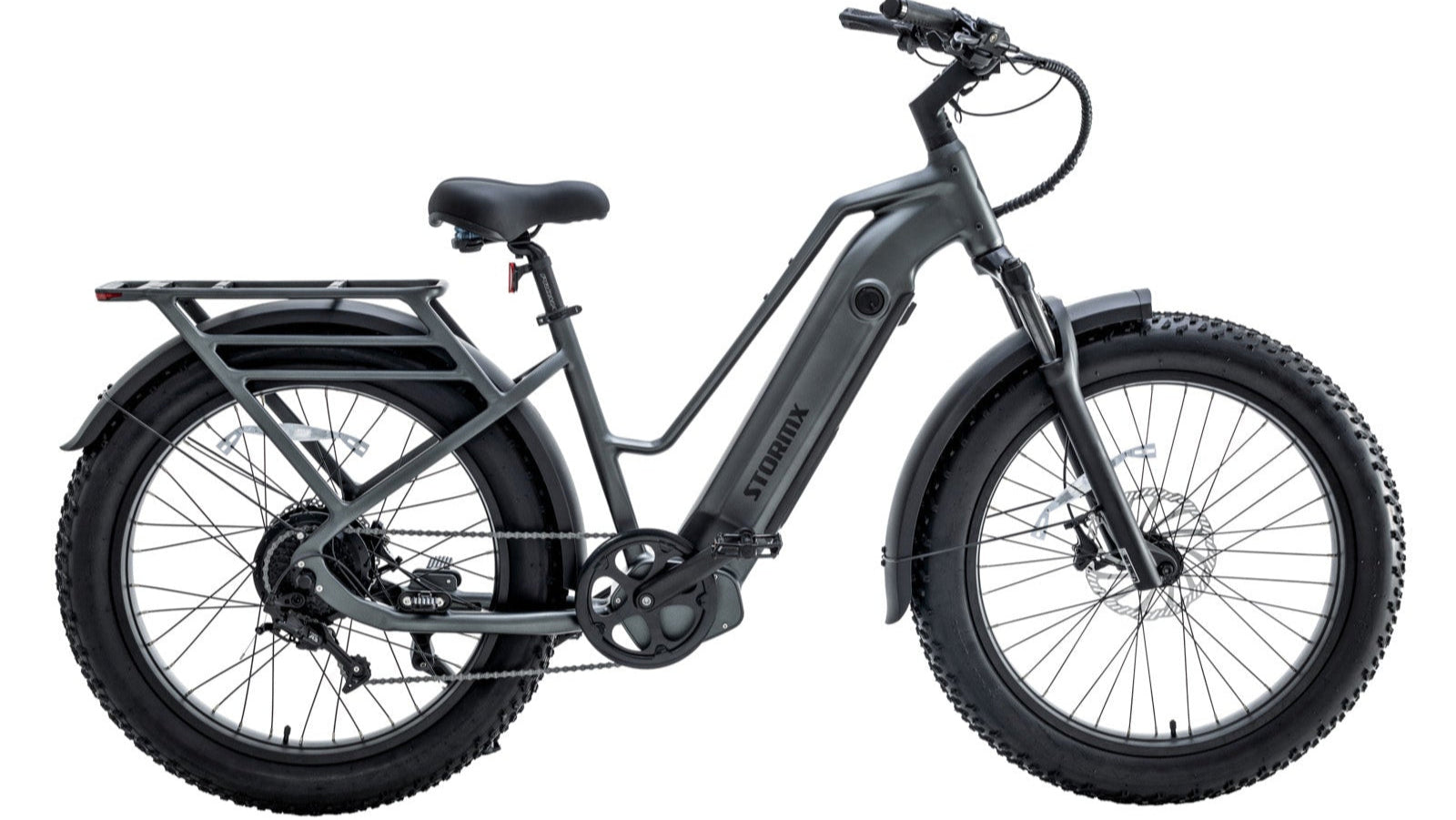 Side profile of Favoritebikes StormX Fat tire Ebike Costco highlighting its step-through frame, integrated battery, and fat tires for stability.