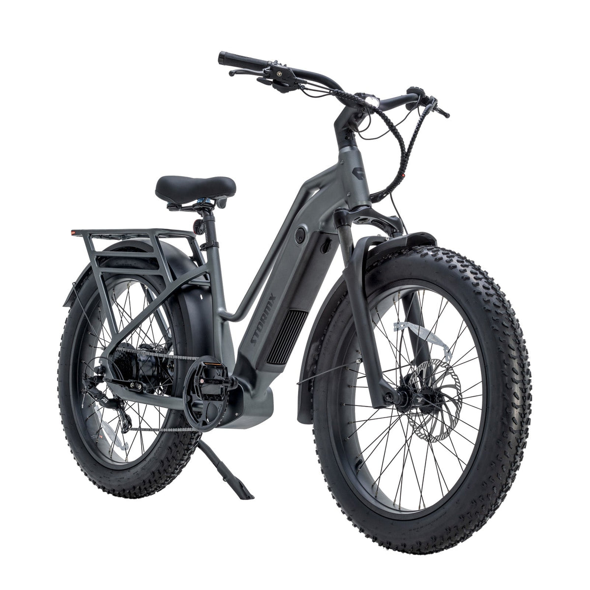 Certified refurbished FavoriteBikes StormX fat tire e-bike front three-quarter product view.