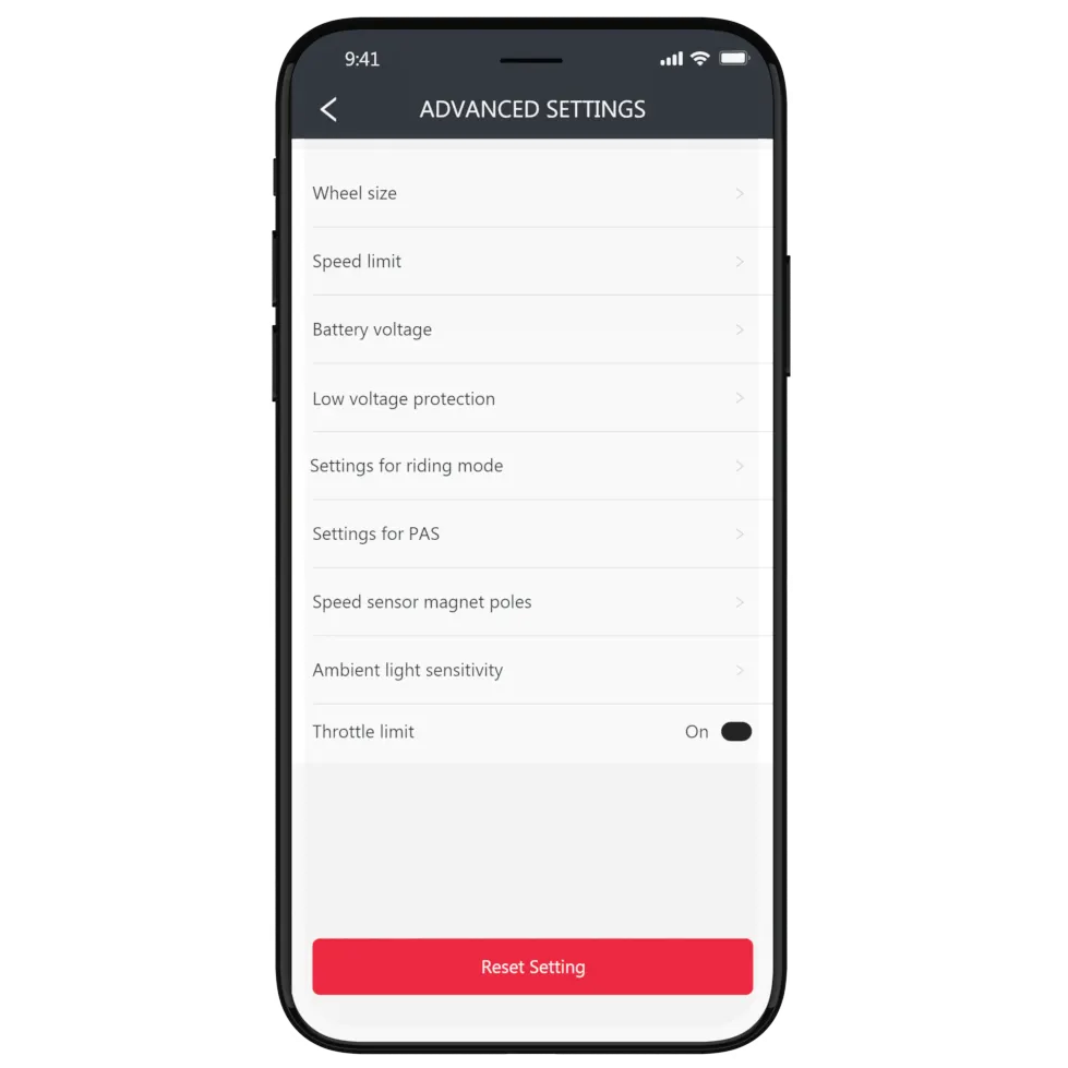 FavoriteBikes app advanced settings screen for authorized dealer and service use