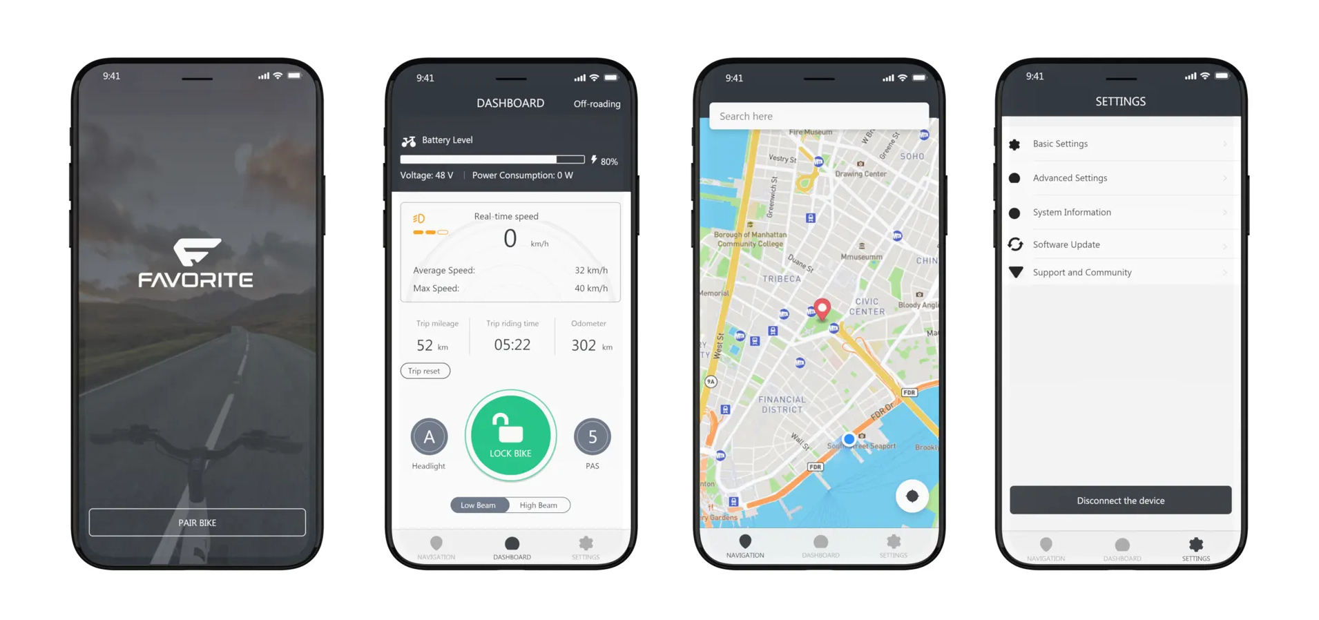FavoriteBikes app screens for ride dashboard, navigation, settings, support, and manuals