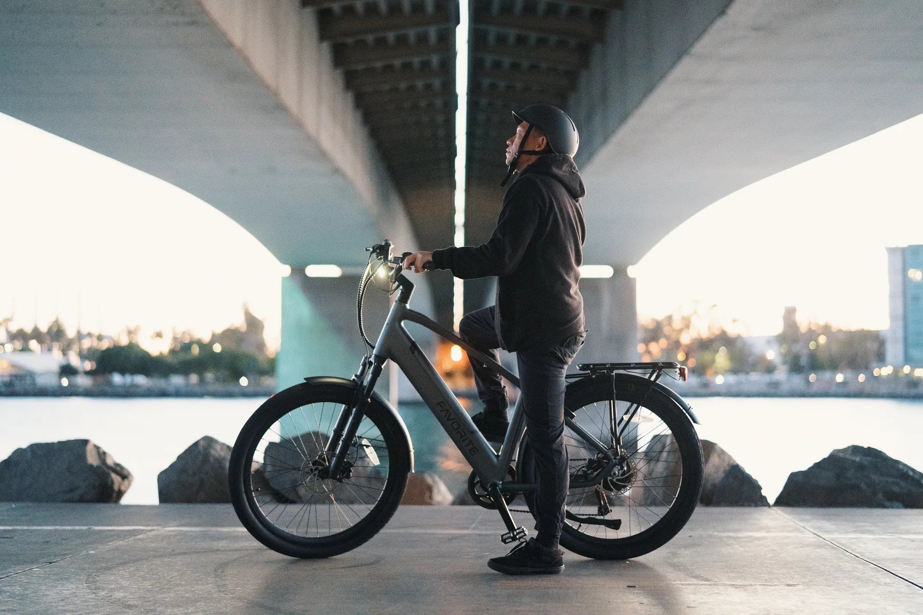 Man standing with a dark FavoriteBikes Hybrid Pro XR electric bike under a waterfront bridge