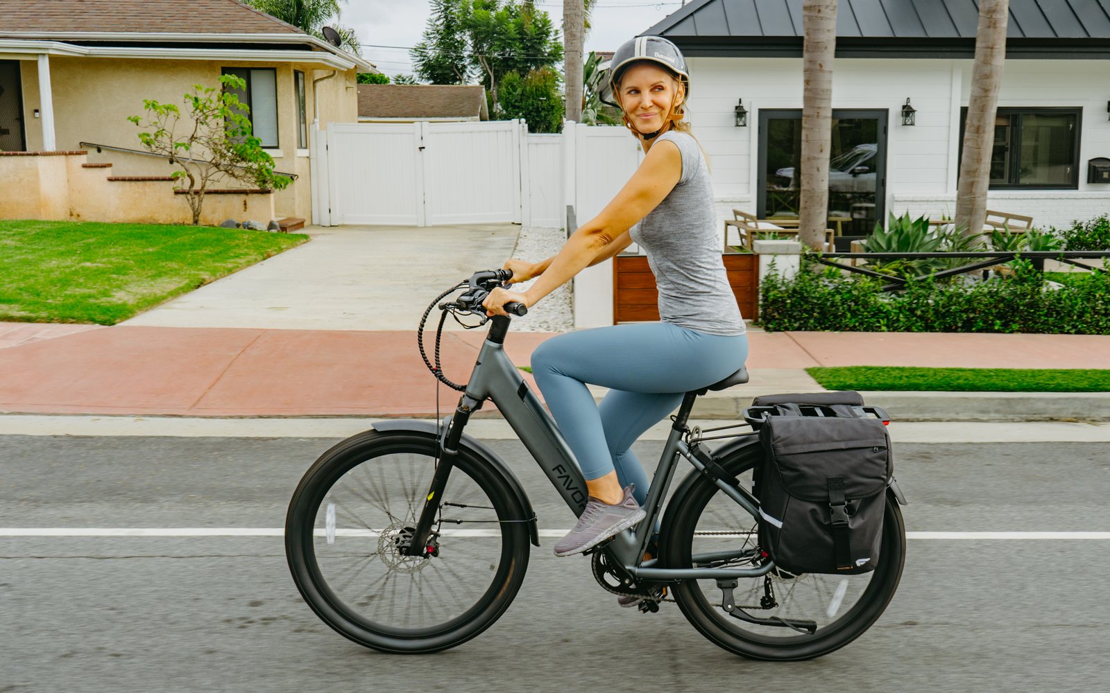 Rider on a FavoriteBikes Hybrid commuter e-bike