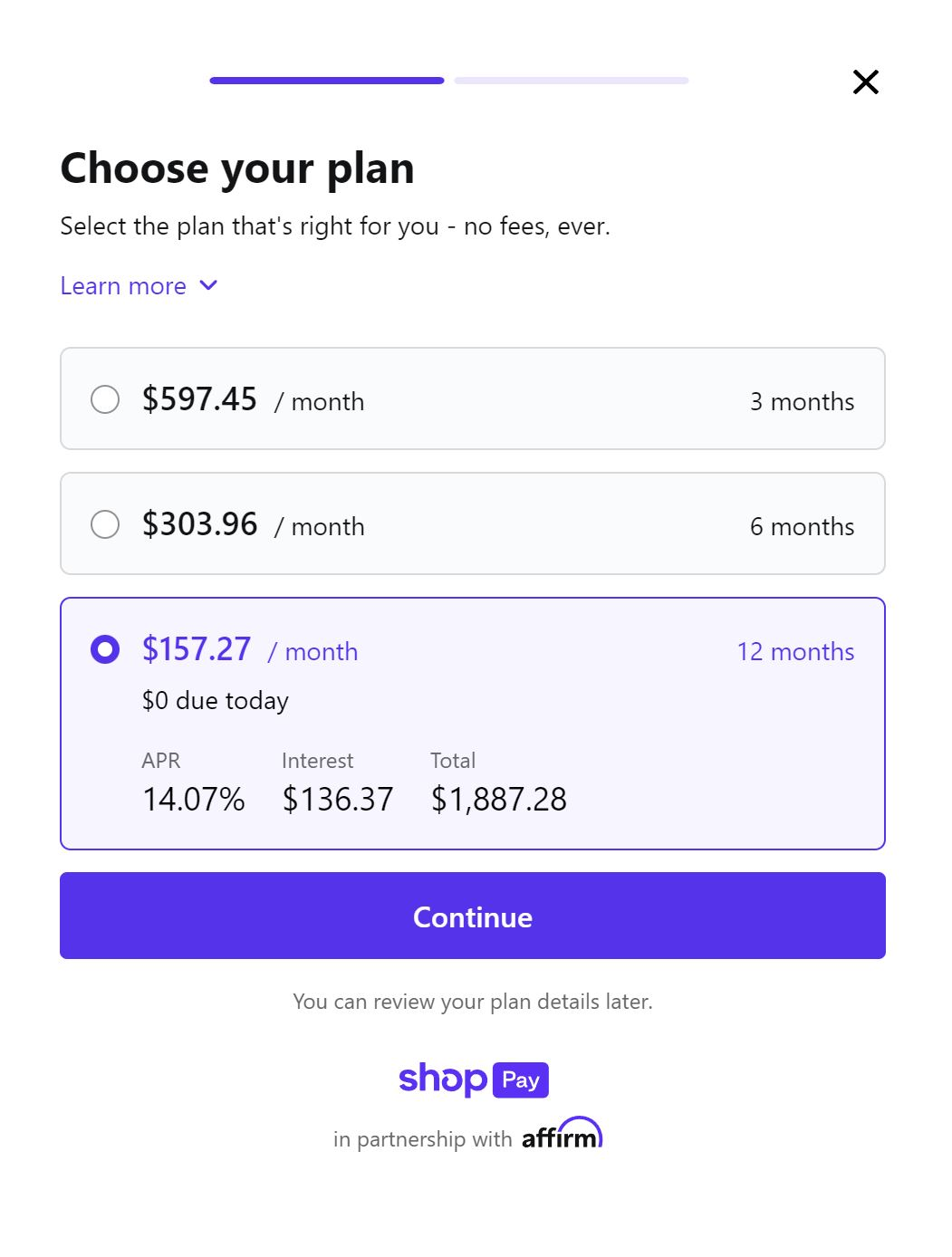 Shop Pay installment plan options shown during checkout