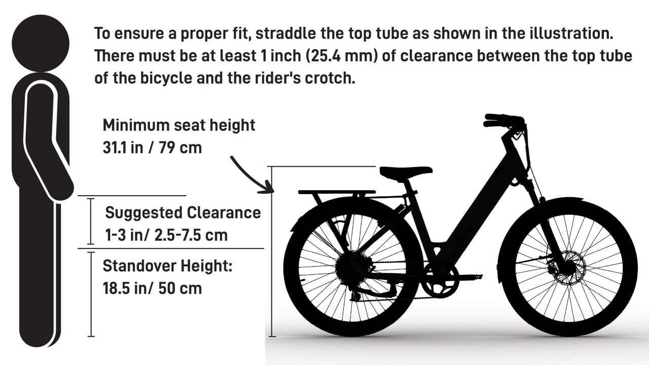 Hybrid CSC rider fit and riding size guide showing minimum seat height, suggested clearance, and standover height.
