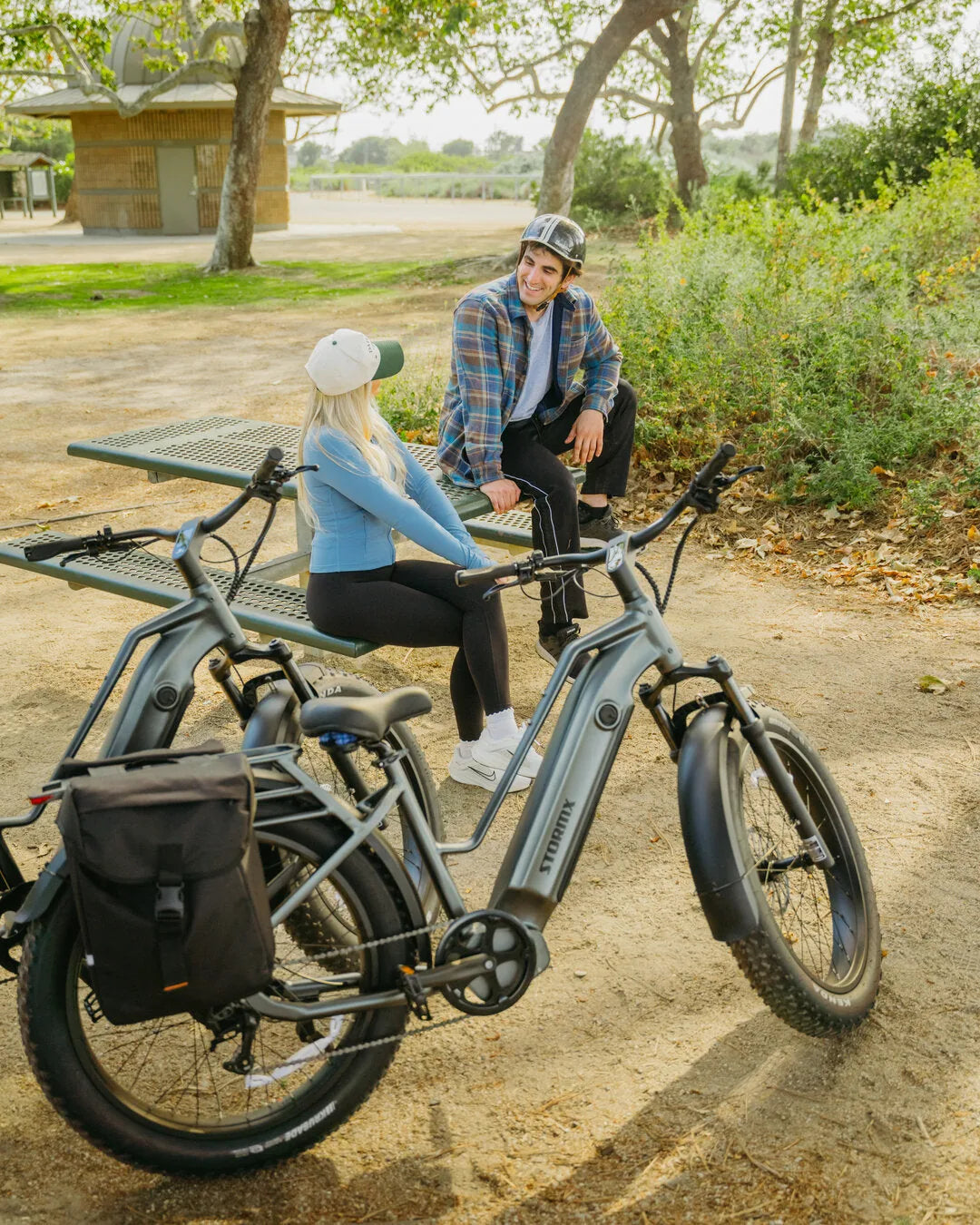 Two adults talk at a picnic table behind gray StormX fat tire e-bikes, one with black panniers