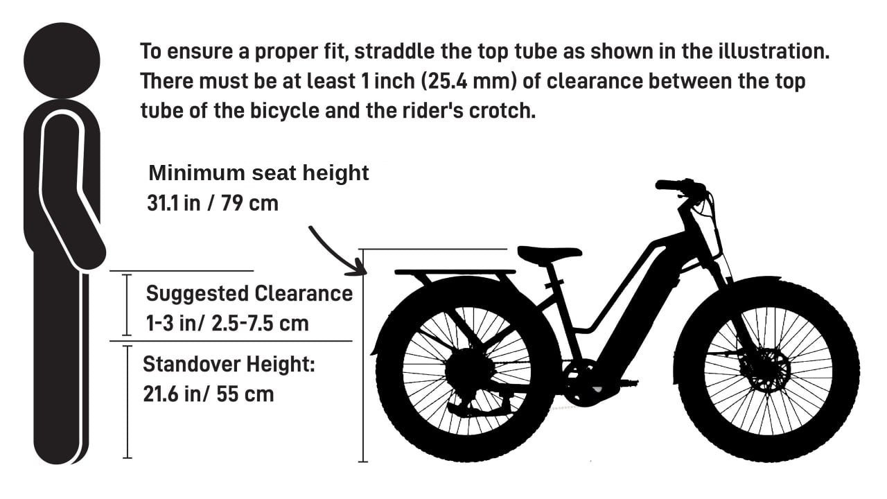 FavoriteBikes StormX rider fit and riding size guide showing minimum seat height, suggested clearance, and standover height.